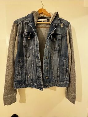 Express Faded Blue Denim Jacket with Gray Hoodie Sleeves